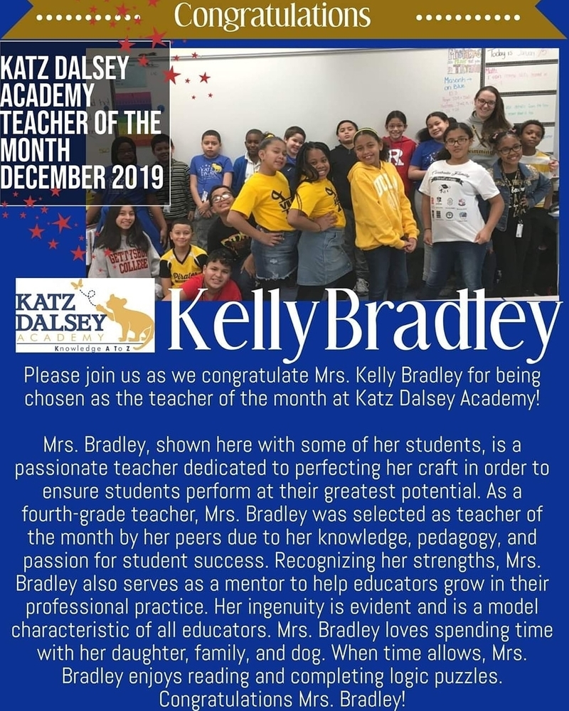 Teacher of the Month for December 2019 at Katz Dalsey Academy!